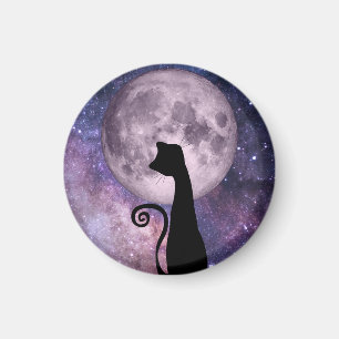Schwarze Katze im Mondschein In rosa und Lila Magn Magnet