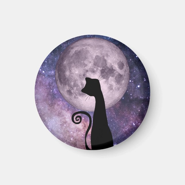 Schwarze Katze im Mondschein In rosa und Lila Magn Magnet (Vorne)