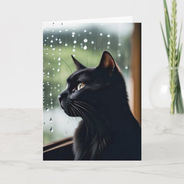 Schwarze Katze im Regenfenster wird bald gut Karte (Vorderseite)