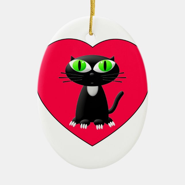 Schwarze Katze im roten Herzen Keramikornament (Vorne)