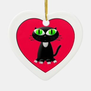 Schwarze Katze im roten Herzen Keramikornament