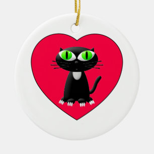 Schwarze Katze im roten Herzen Keramikornament