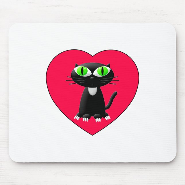 Schwarze Katze im roten Herzen Mousepad (Vorne)