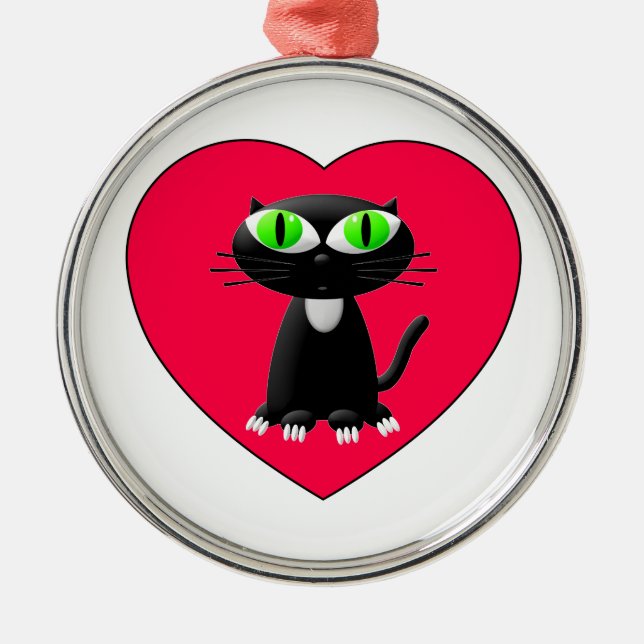 Schwarze Katze im roten Herzen Ornament Aus Metall (Vorne)