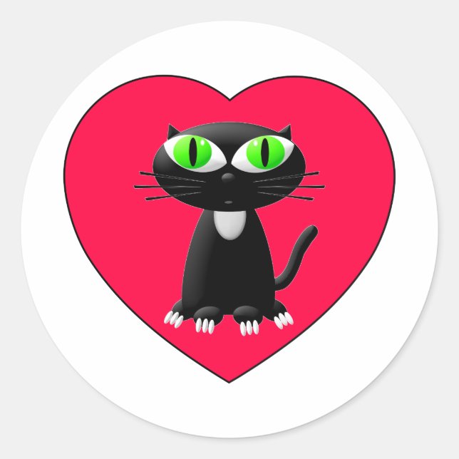 Schwarze Katze im roten Herzen Runder Aufkleber (Vorderseite)