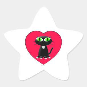 Schwarze Katze im roten Herzen Stern-Aufkleber