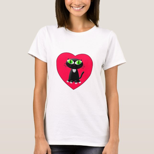 Schwarze Katze im roten Herzen T-Shirt (Vorderseite)
