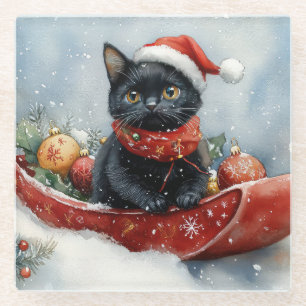 Schwarze Katze im Schlitten Lass es schneien Weihn Glasuntersetzer