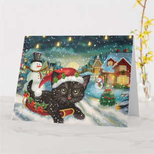 Schwarze Katze im Schlitten Schnee Weihnachten Karte