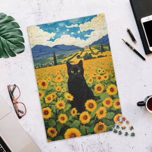 Schwarze Katze im Sonnenblumenfeld Puzzle