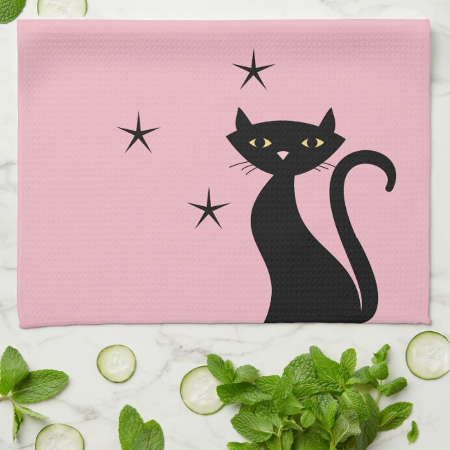 Schwarze Katze im Stil von 1950, rosa Geschirrtuch (Gefaltet)