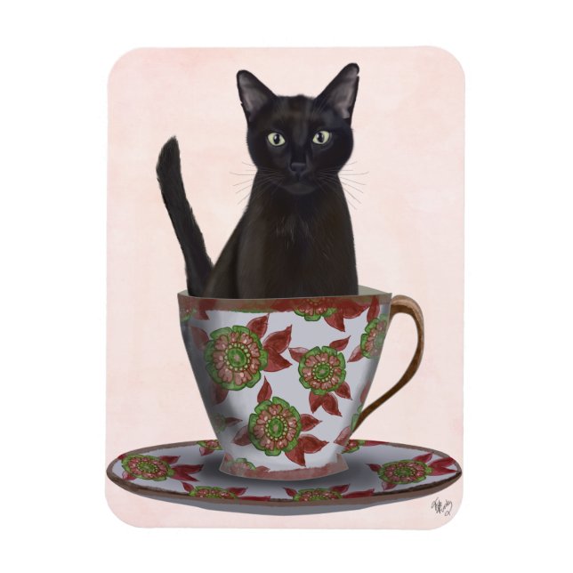 Schwarze Katze im Teacup Magnet (Vertikal)