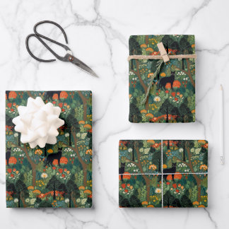 Schwarze Katze im Wald nahtlose Muster Geschenkpapier Set
