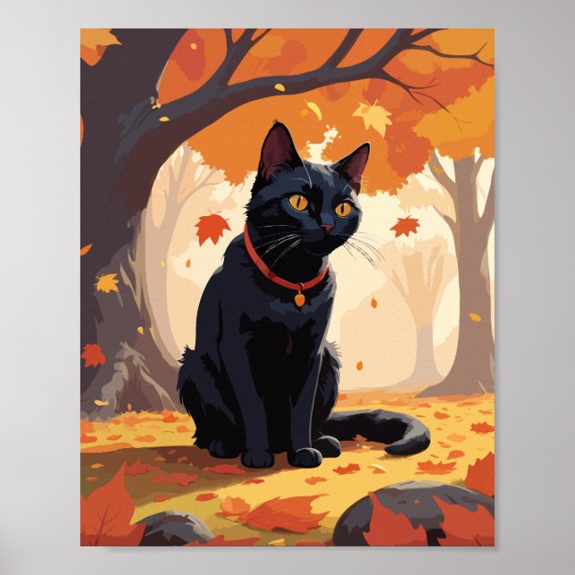 Schwarze Katze im Wald Poster (Vorne)