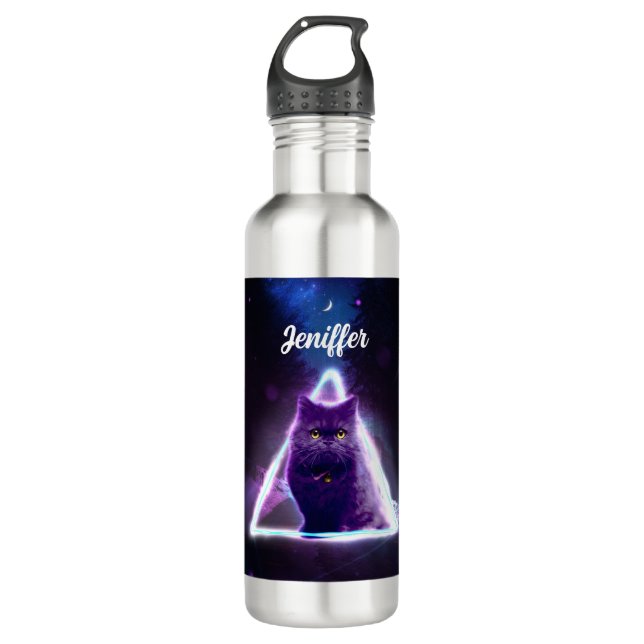 Schwarze Katze in blauem Neondreieck des Hipsters Edelstahlflasche (Vorderseite)
