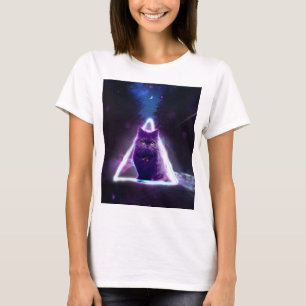Schwarze Katze in blauem Neondreieck des Hipsters T-Shirt