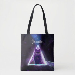 Schwarze Katze in blauem Neondreieck des Hipsters Tasche