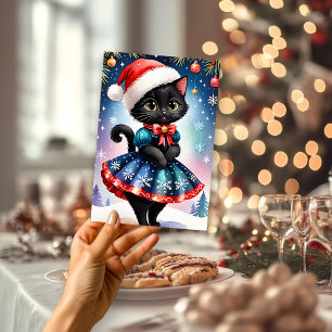 Schwarze Katze in Blue Skater Rock Flat Holiday Ca Feiertagskarte