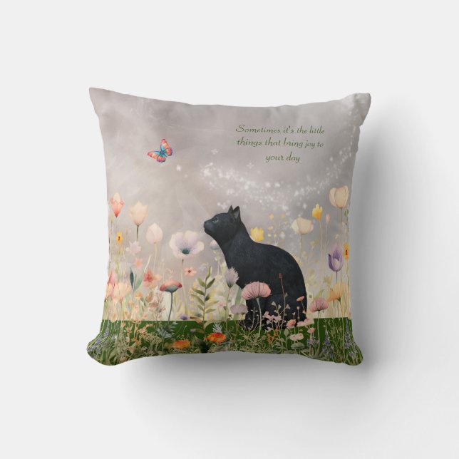 Schwarze Katze in Blume Kissen (Vorderseite)