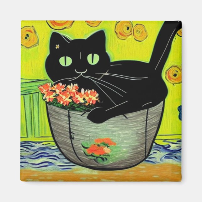 Schwarze Katze in Blume Pot Magnet (Vorne)