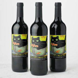 Schwarze Katze in Blume Pot Weinetikett