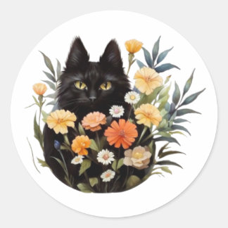 Schwarze Katze in Blume Runder Aufkleber