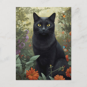 Schwarze Katze in Blumengarten-Postkarte Postkarte