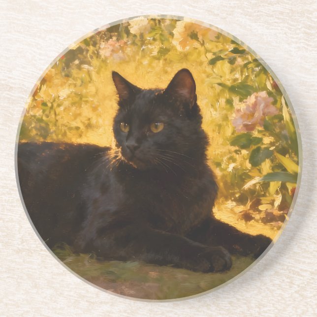 Schwarze Katze in den Blumen I Getränkeuntersetzer (Vorne)