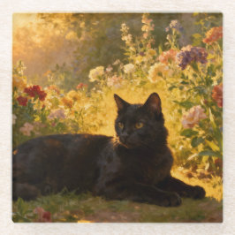 Schwarze Katze in den Blumen I Glasuntersetzer