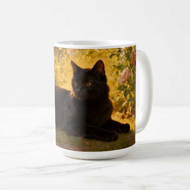 Schwarze Katze in den Blumen I Kaffeetasse (VorderseiteRechts)