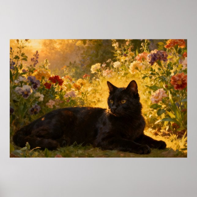 Schwarze Katze in den Blumen I Poster (Vorne)