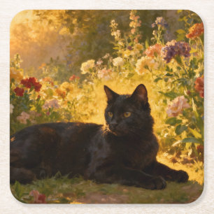 Schwarze Katze in den Blumen I Rechteckiger Pappuntersetzer