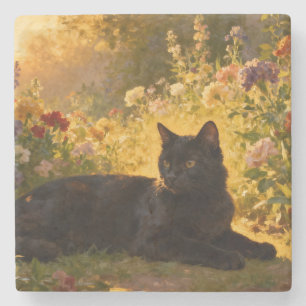 Schwarze Katze in den Blumen I Steinuntersetzer