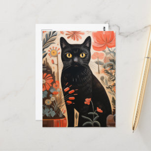 Schwarze Katze in den Pflanze Postkarte