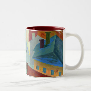 schwarze Katze in der Stadt Zweifarbige Tasse