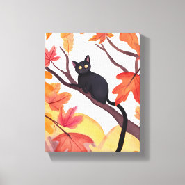 Schwarze Katze in einem Baum | Herbst Herbst spook Leinwanddruck