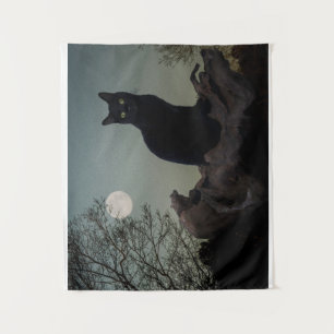 Schwarze Katze in einem Baum vor Vollmond Wandteppich