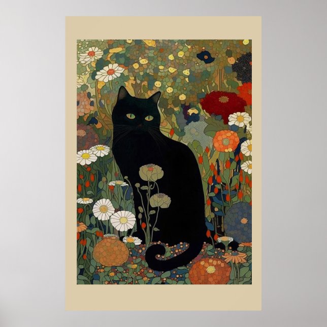 Schwarze Katze in einem Gartenposter Poster (Vorne)