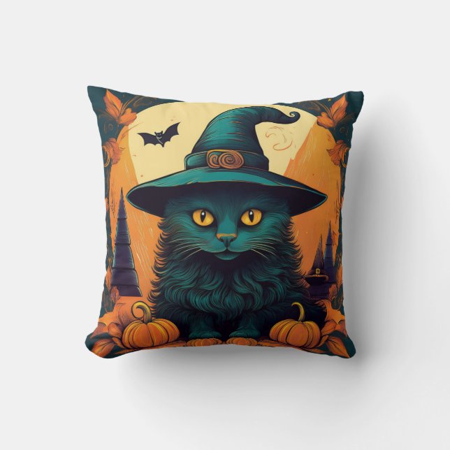 Schwarze Katze in einem Hexenhut Kissen (Vorderseite)