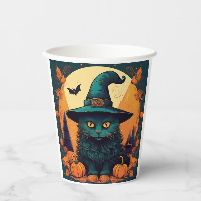 Schwarze Katze in einem Hexenhut Pappbecher (Vorderseite)