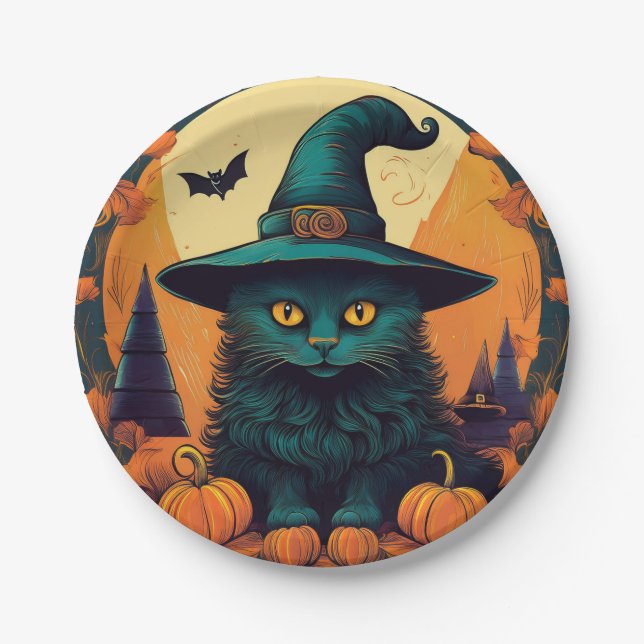 Schwarze Katze in einem Hexenhut Pappteller (Vorderseite)