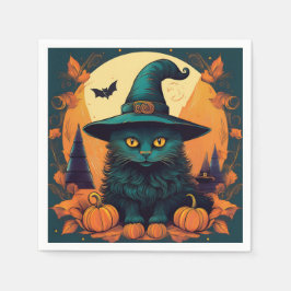Schwarze Katze in einem Hexenhut Serviette