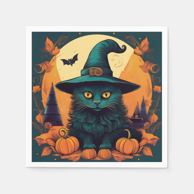 Schwarze Katze in einem Hexenhut Serviette (Vorderseite)