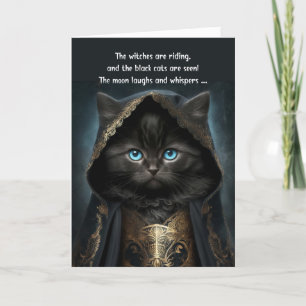 Schwarze Katze in einem Hexenkapf mit Gedicht Hall Feiertagskarte