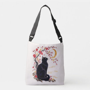 Schwarze Katze in einem japanischen Mondgarten Tragetaschen Mit Langen Trägern