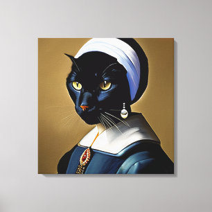 Schwarze Katze in einem Perlenohrring Leinwanddruck