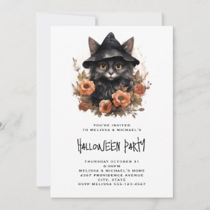 Schwarze Katze in einem Schwarzen Hexenhut Hallowe Einladung