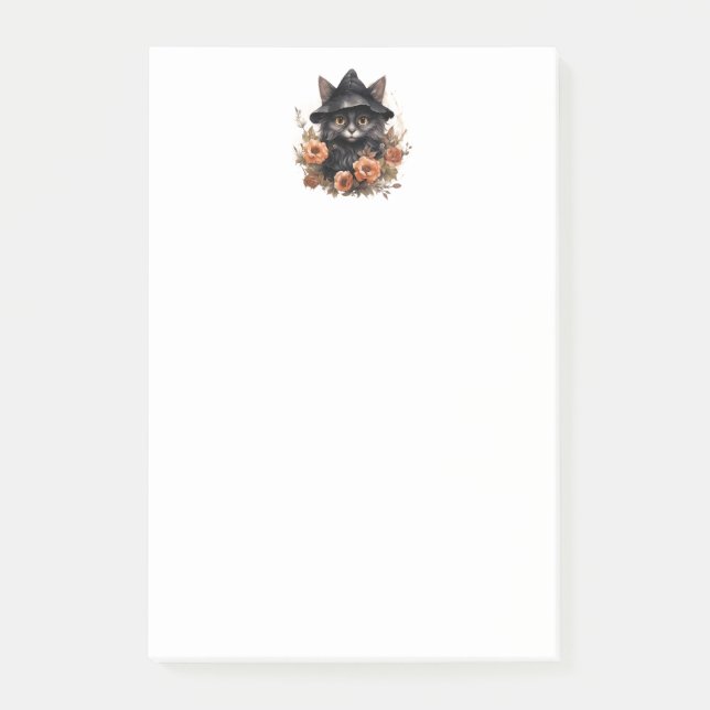 Schwarze Katze in einem Schwarzen Hexenhut Hallowe Post-it Klebezettel (Vorderseite)
