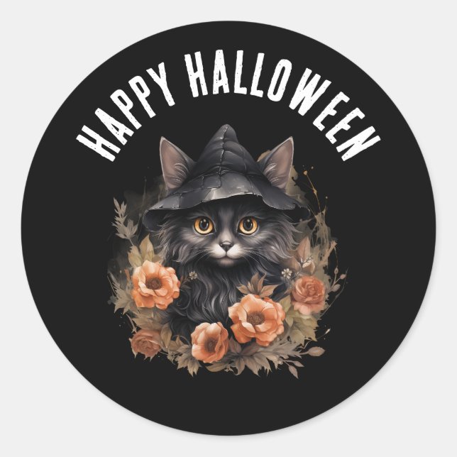 Schwarze Katze in einem Schwarzen Hexenhut Hallowe Runder Aufkleber (Vorderseite)