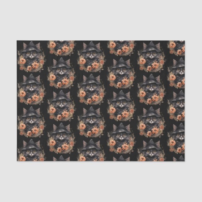 Schwarze Katze in einem Schwarzen Hexenhut Hallowe Seidenpapier (Vorderseite)